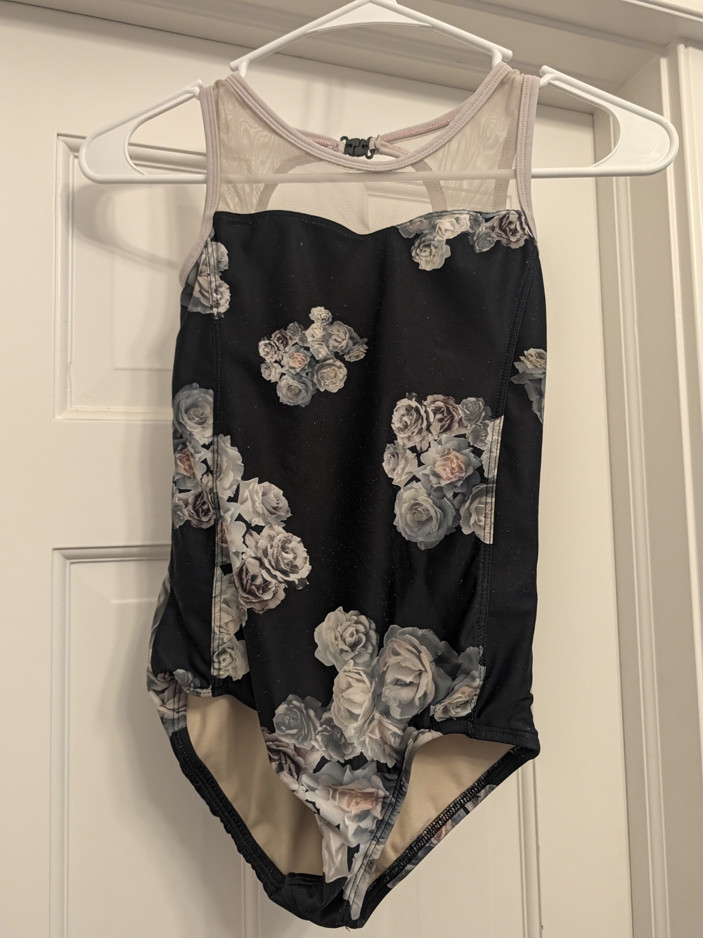 Floral Mesh-Back Ladies Leotard in Black and Blush Sadie Jane XLC